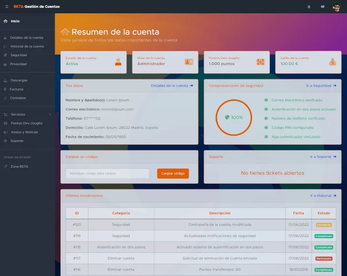Gestión de Cuentas - Dev Jougito